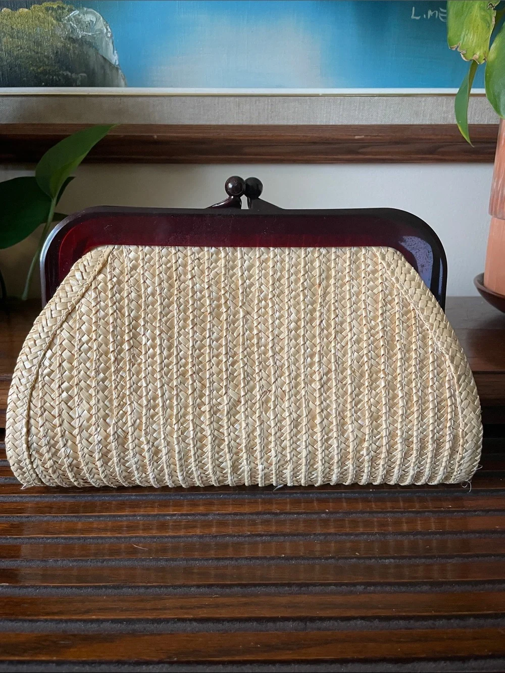 Gorgeous woven pinup rattan wicker straw clutch purse wedding event cocktail - Picture 2 of 8